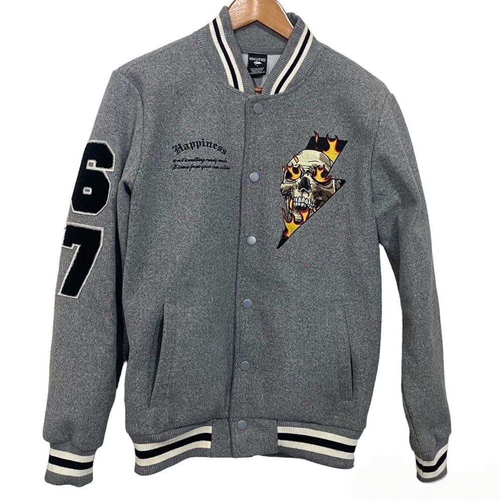 Ring of Fire Varsity Letterman Fleece Skull Fire Lightning Bolt Jacket Size S